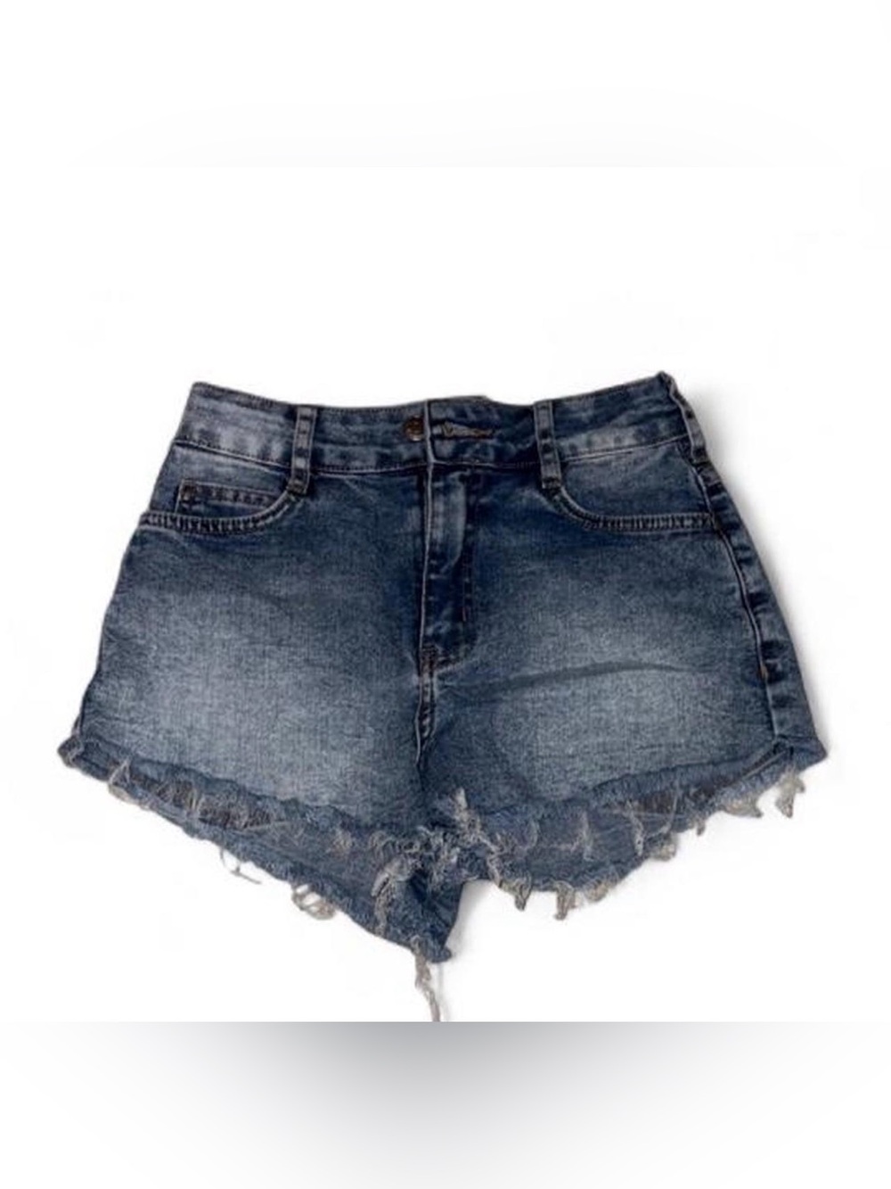 Frayed Hem High-Rise Denim Shorts - Blue